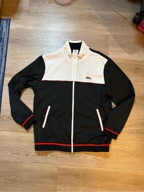 Lacoste Men’s Black and White Zip-Up Track Jacket with Red Trim